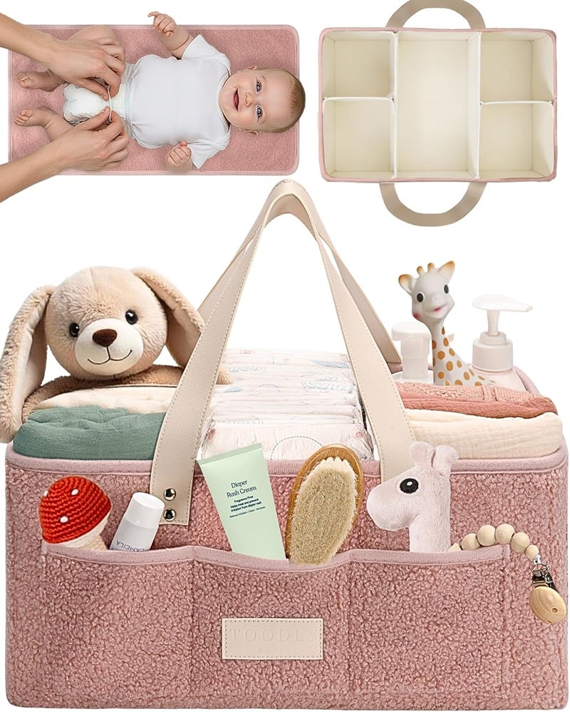 Toodly Baby Diaper Caddy Organizer with Portable Changing Mat - Teddy Fleece Diaper Organizer for Changing Table - Basket for Changing Essentials - Baby Essentials Organizer with Removable Dividers - Image 1